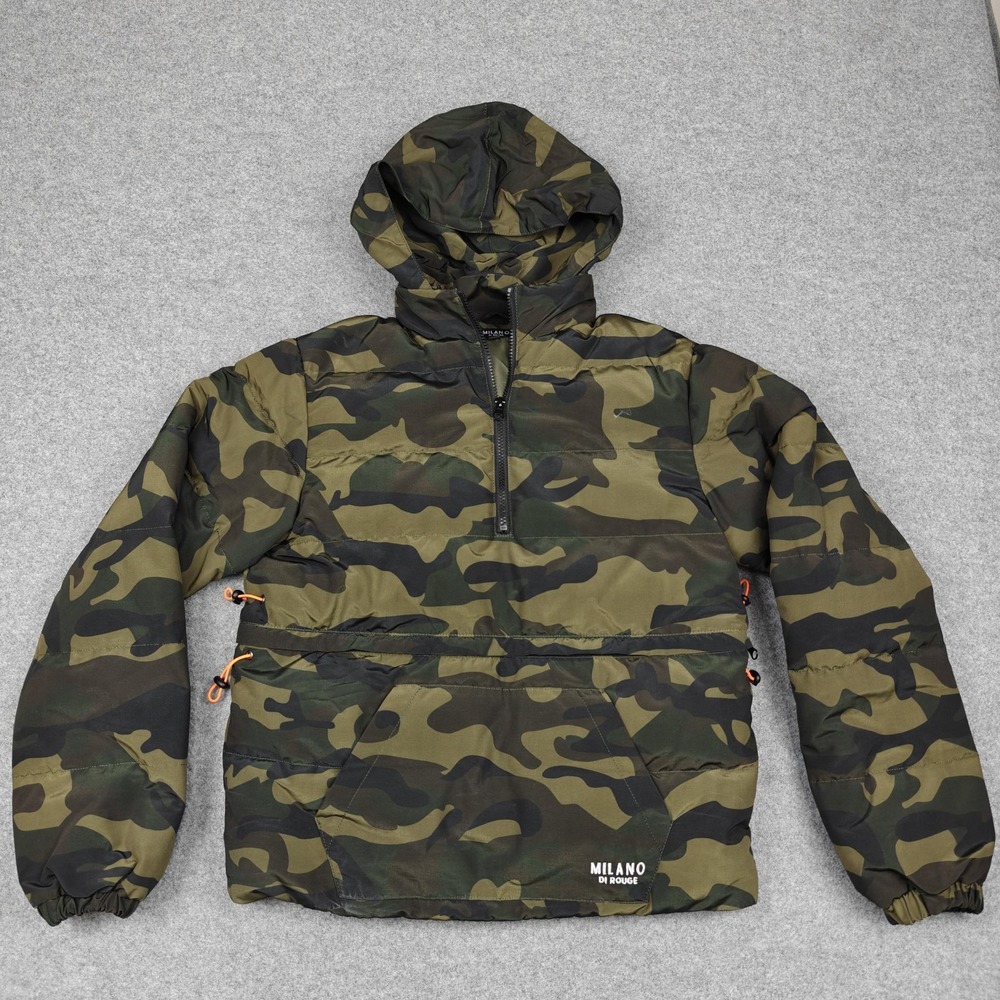 Milano Di Rouge Jacket Mens Small Green Camo Down Puffer Hooded 1/4 Zip Anorak‎